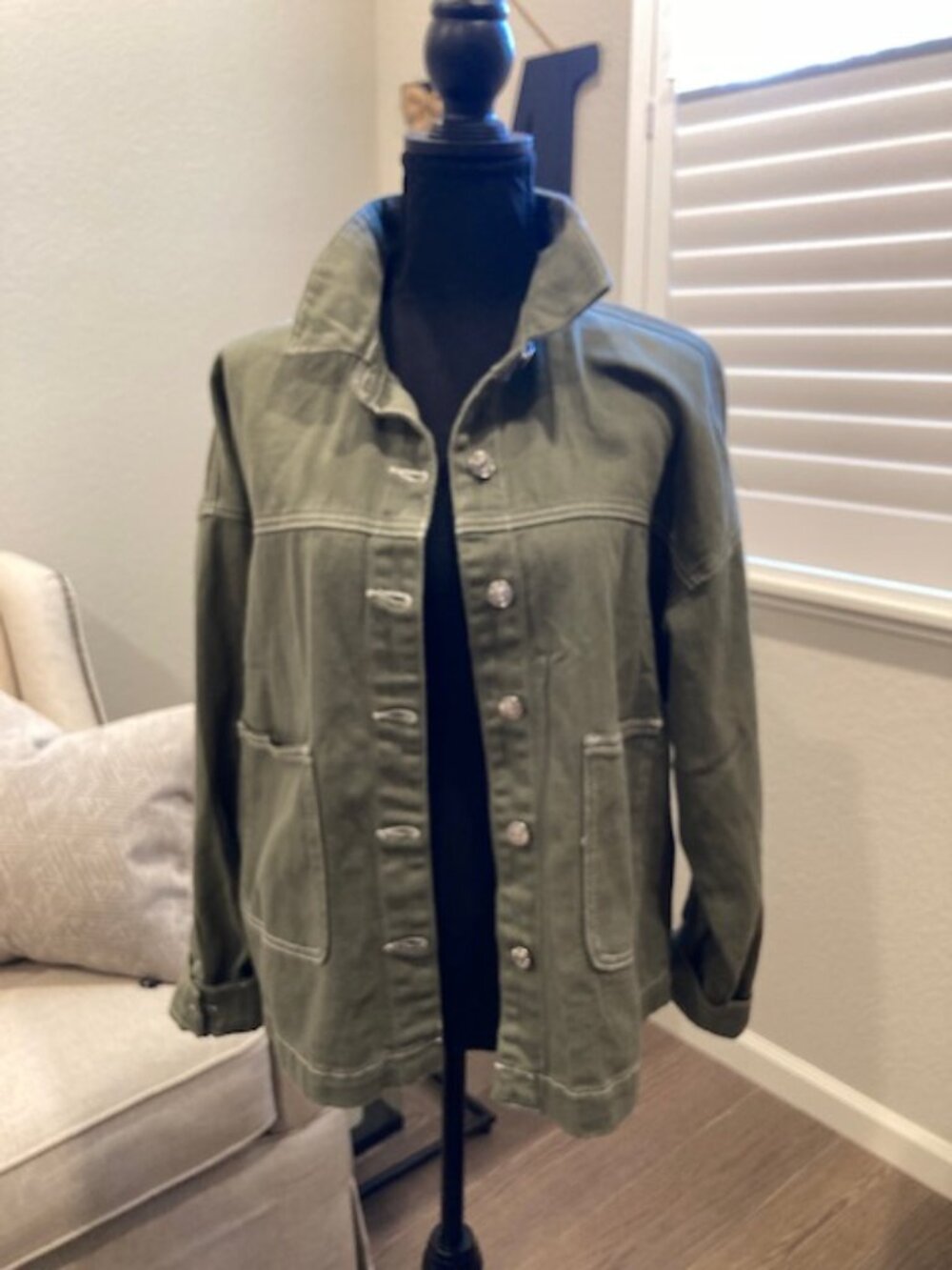 Utility Jacket in Olive Green with White Piping